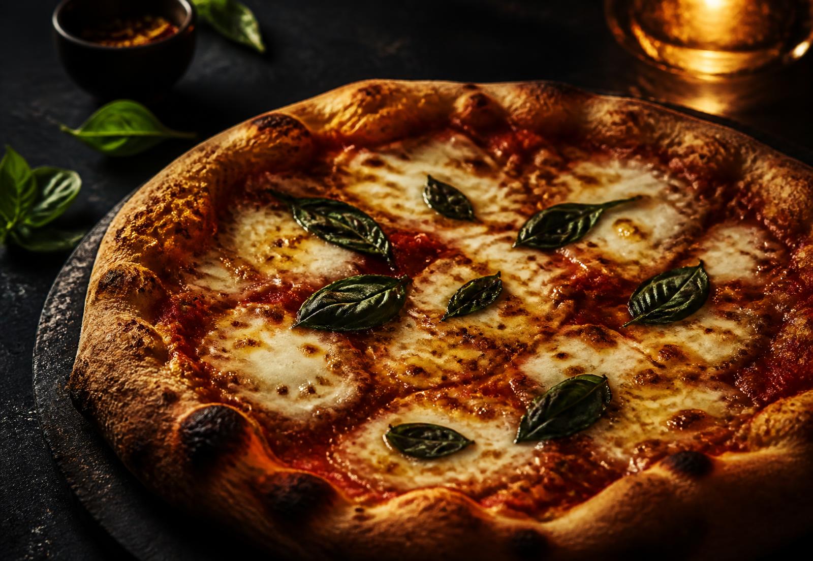 Nybagt pizza med mozzarella og frisk basilikum
